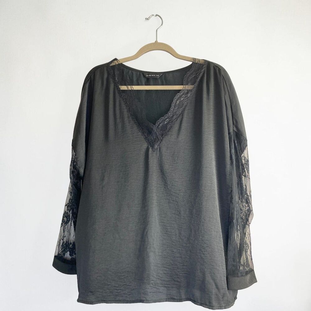 Black Satin Lace Trim Top Blouse XXL Plus Size Goth Sexy Sheer Long Sleeve EUC